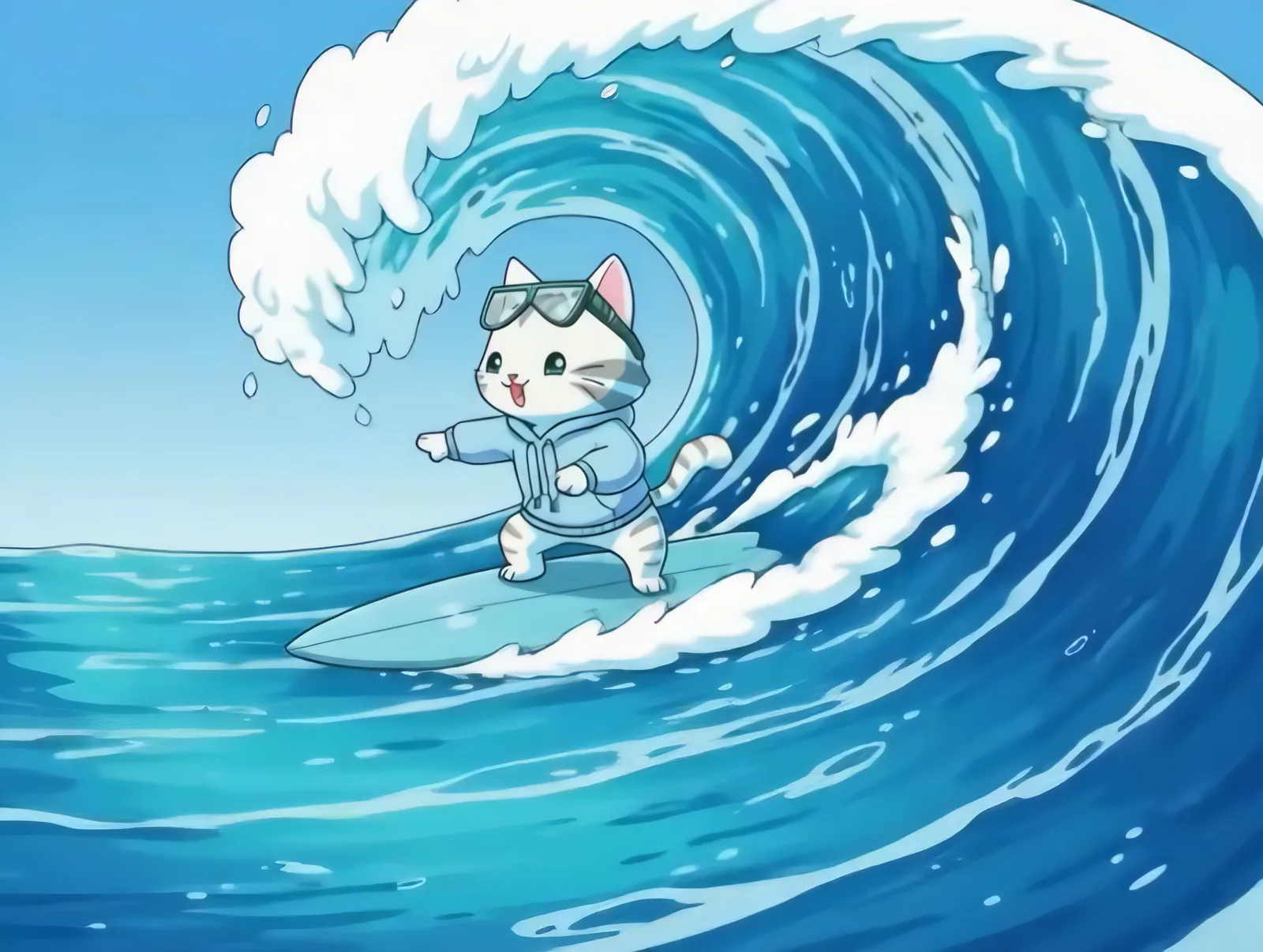 The rip cat surfing a curling blue wave